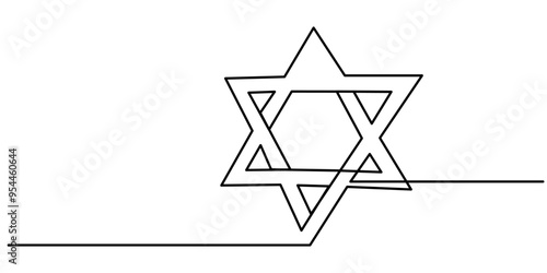 Star of David in continuous line drawing style. Line art of star of David. Vector illustration. Abstract background, Continuous drawn one line of the symbol of religion, Star of David icon line