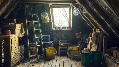 Charming Attic Space: Vintage Furniture, Tools, and Sunlight - Perfect for a Rustic Home Décor Poster or Inspiring Interior Design Inspiration!