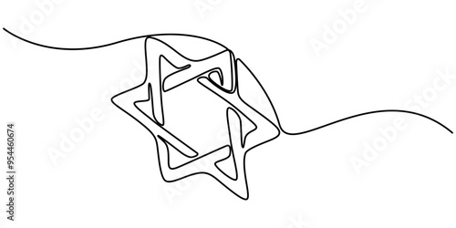 Star of David in continuous line drawing style. Line art of star of David. Vector illustration. Abstract background, Continuous drawn one line of the symbol of religion, Star of David icon line