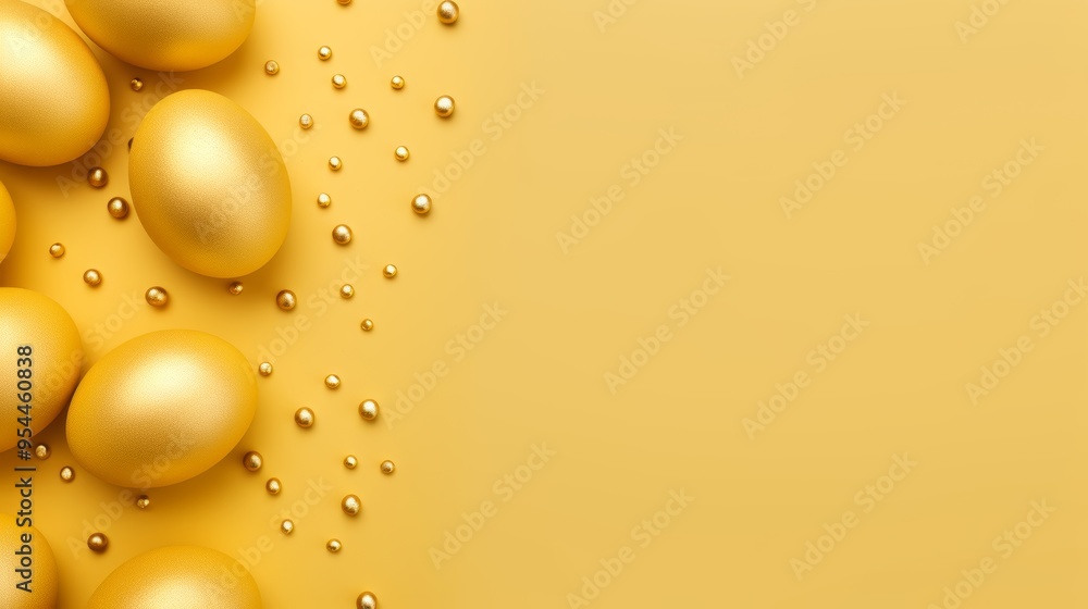 Fototapeta premium Minimal easter concept: elegant golden easter eggs with stripes and dots framing yellow background, flat lay design with copy space for seasonal greeting or holiday card. Luxurious easter decor for mo