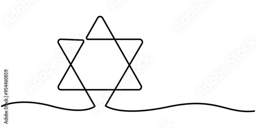 Star of David in continuous line drawing style. Line art of star of David. Vector illustration. Abstract background, Continuous drawn one line of the symbol of religion, Star of David icon line
