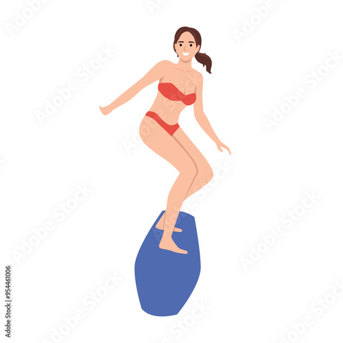 Surfing woman in sea or ocean. Surfer standing on surf board. Flat vector illustration isolated on white background