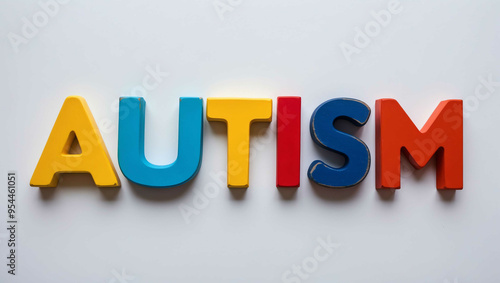 autism word colorful wooden letters on plain white background