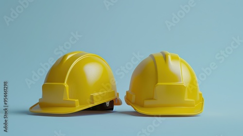 Two yellow hard hats sitting side by side on a flat surface photo