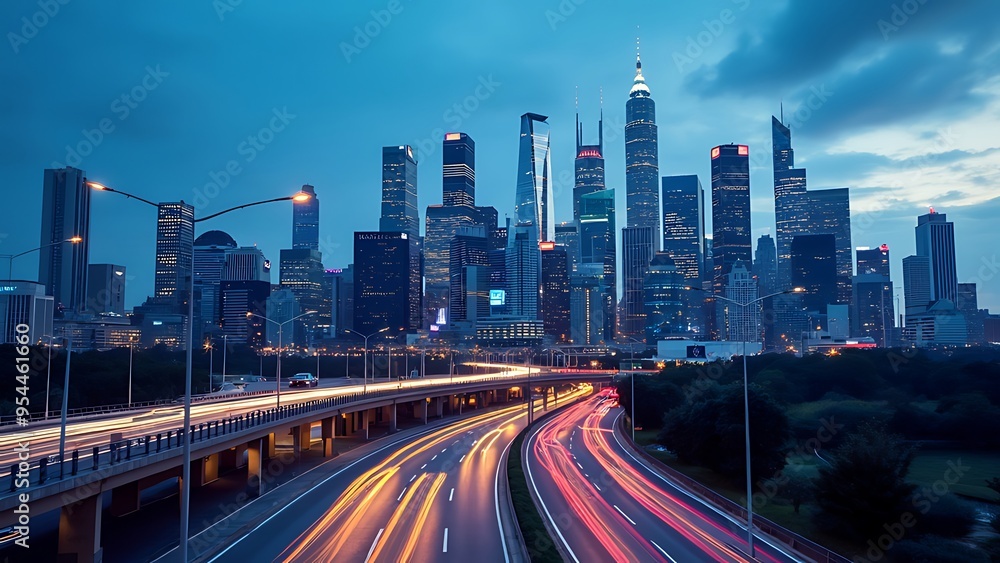 Obraz premium Twilight cityscape with skyscrapers and vibrant light trails, showcasing the dynamic energy of urban life. Perfect for illustrating modern architecture and bustling city environments.