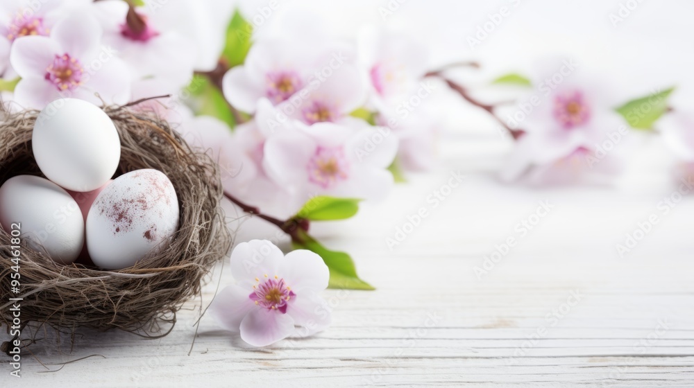 Beautiful easter nest with delicately painted eggs and vibrant spring flowers on white wooden background, perfect for festive holiday cards and seasonal celebrations with copy space
Beautiful easter nest with delicately painted eggs and vibrant spring flowers on white wooden background, perfect for festive holiday cards and seasonal celebrations with copy space