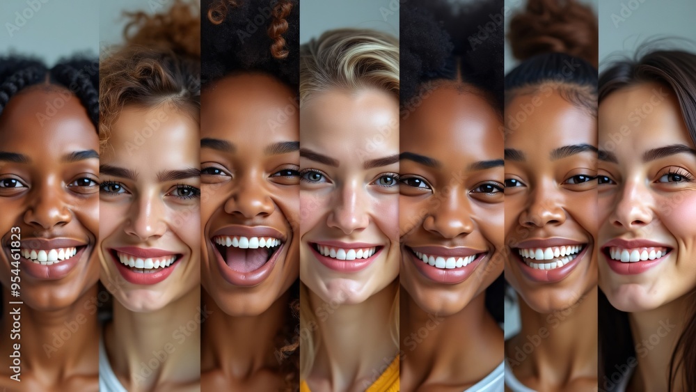 Obraz premium Multiethnic people white smiles panoramic photo collage