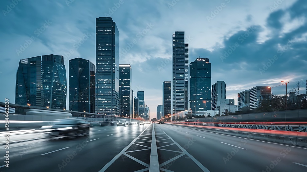 Twilight cityscape with skyscrapers and vibrant light trails, showcasing the dynamic energy of urban life. Perfect for illustrating modern architecture and bustling city environments. Twilight cityscape with skyscrapers and vibrant light trails, showcasing the dynamic energy of urban life. Perfect for illustrating modern architecture and bustling city environments.