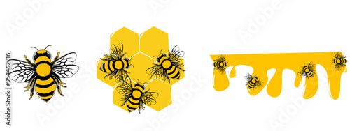 three bee illustrations: a large yellow bee with black stripes on the left, bees around a yellow hexagonal honeycomb in the center, and small bees near honey droplets on the right.