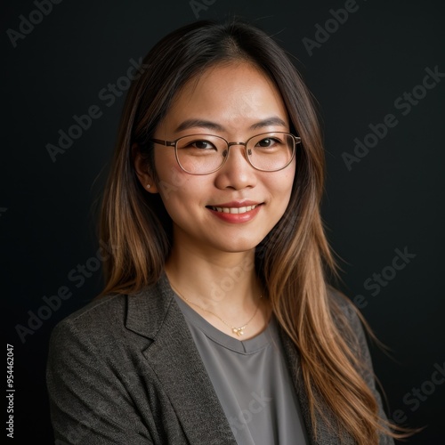 Elegant Female Sporting Eyewear Grins Tenderly In Shadowy Surroundings 