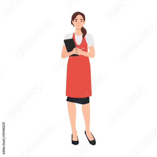 Waitress Holding a Pen and Notepad Taking Order. Flat vector illustration isolated on white background