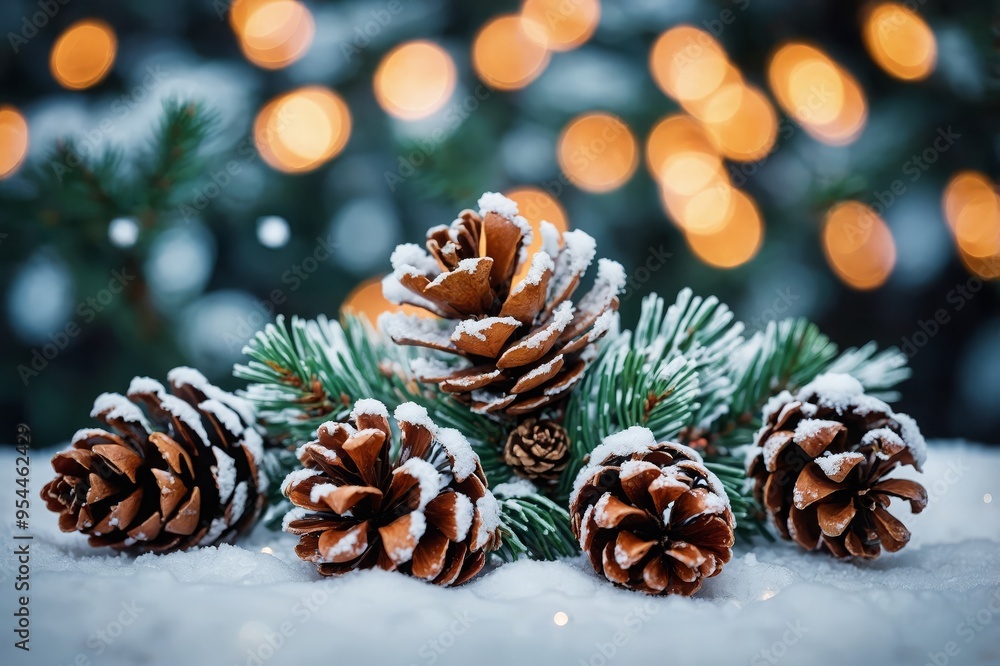 Christmas Decoration Banner - Snowy Pine Cones On Fir Branch With Lights Christmas Decoration Banner - Snowy Pine Cones On Fir Branch With Lights