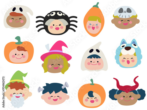 ハロウィンで仮装した子供たちの顔アイコンセット