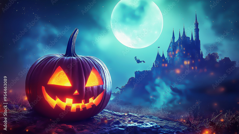 spooky jack-o-lantern in a magical castle background with a bright glowing moon in the background spooky jack-o-lantern in a magical castle background with a bright glowing moon in the background