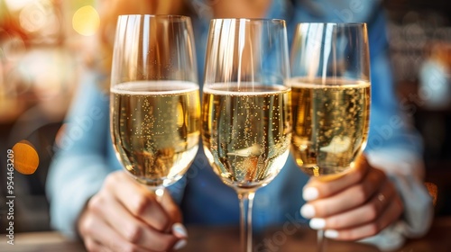 Sophisticated waitress gracefully serving exquisite champagne flutes at a luxurious event photo