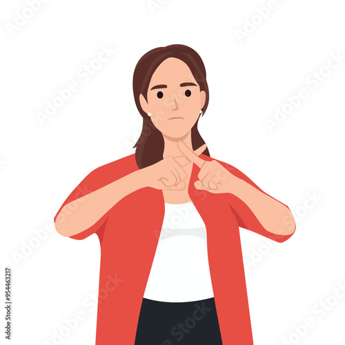 Young woman with rejection expression crossing fingers doing negative sign. Flat vector illustration isolated on white background