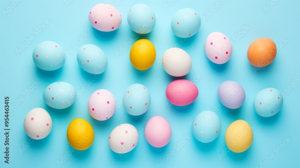 Pastel easter eggs in various colors arranged on soft blue background, top view flat lay style. Perfect for celebrating springtime and easter festivities, highlighting festive decor and seasonal cheer Pastel easter eggs in various colors arranged on soft blue background, top view flat lay style. Perfect for celebrating springtime and easter festivities, highlighting festive decor and seasonal cheer
