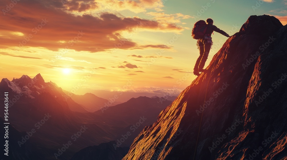 Climber at Sunset on a Mountain Peak Climber at Sunset on a Mountain Peak