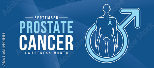 September is Prostate cancer awareness month - white line man and prostate sign in light blue male symbol on blue background vector design