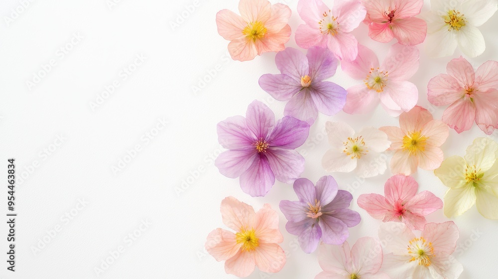 Spring flowers, isolated top view, soft hues on white, watercolor technique Spring flowers, isolated top view, soft hues on white, watercolor technique