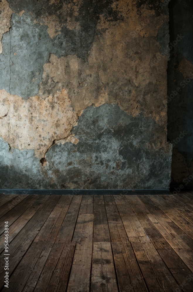 Fototapeta premium Faded paint and weathered cracks adorn textured walls above wooden floor 