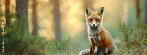  A red fox, in the heart of the forest, gazes at the camera with an attentive expression