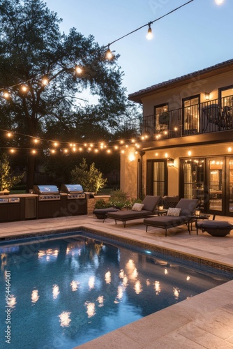 Tranquil Eveningthe Pool: A Cozy Outdoor RetreatFairy Lights and Relaxation photo