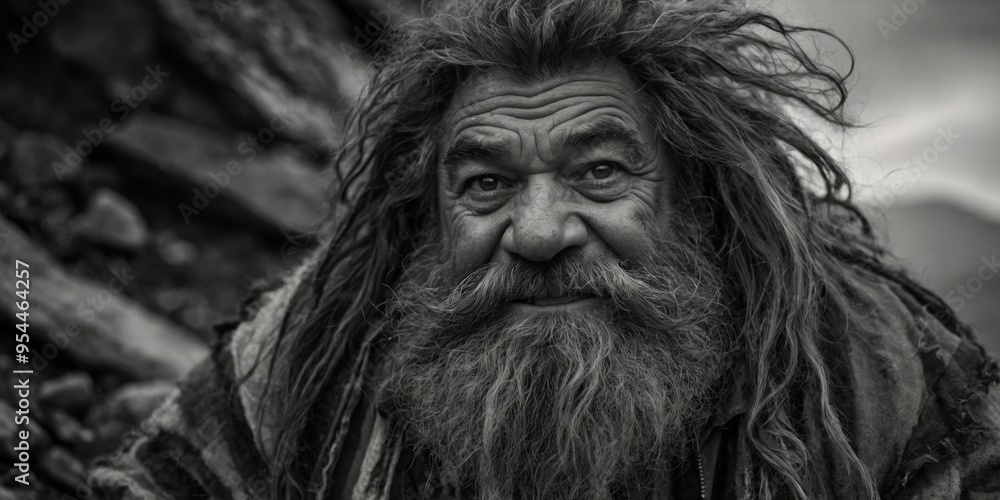 A rugged, grungy dwarf with wild hair and a mischievous grin gazes out from a low-key pinhole photograph. A rugged, grungy dwarf with wild hair and a mischievous grin gazes out from a low-key pinhole photograph.