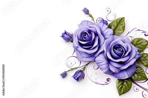 Blue Purple Watercolor Rose on a White Background. Watercolor Blush Pink Rose Clipart with Floral Border and painted Petals, Perfect for Dusty Rose Wedding Designs. Huge Copy Space