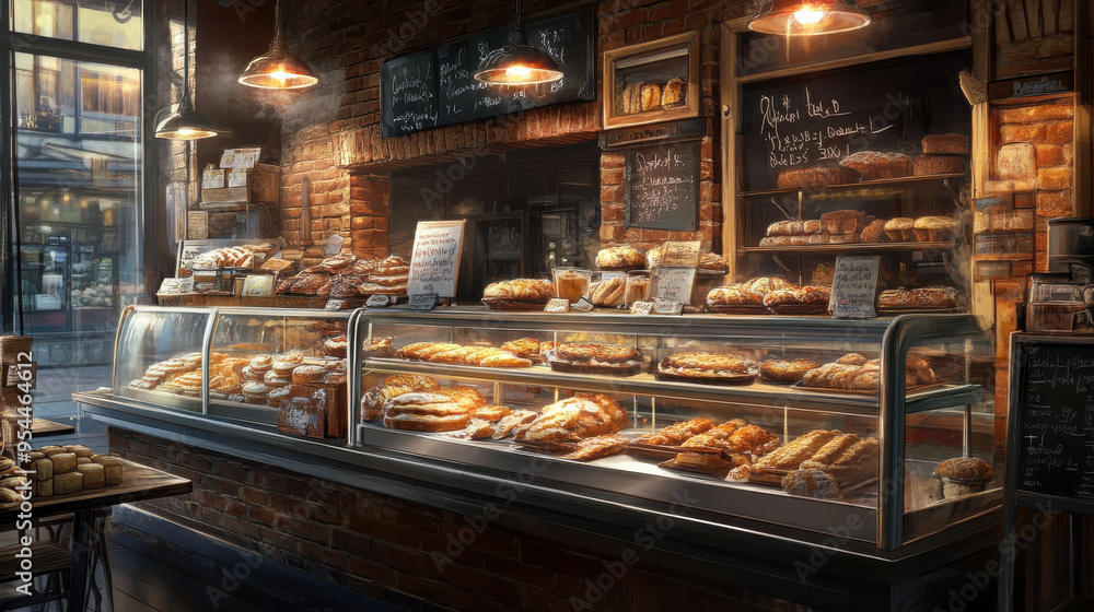 Ultra-detailed depiction of a bustling community bakery, with freshly baked goods Ultra-detailed depiction of a bustling community bakery, with freshly baked goods