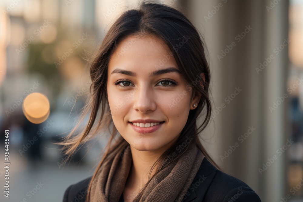 Gently smiling young woman with tousled hair in subtle breeze captivates 