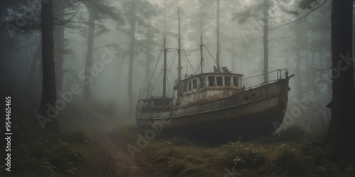 In the depths of a misty forest, a hauntingly beautiful fairylike temporal trawler appears.