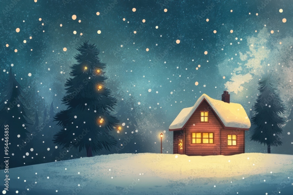 Cozy christmas scene with snowy cabin and pine trees at night for holiday design Cozy christmas scene with snowy cabin and pine trees at night for holiday design