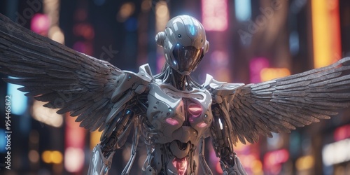 A luminous tech-savvy fairylike metaverse explorer, their ethereal wings shimmering with virtual light against a backdrop of pixelated skies and neon data streams.