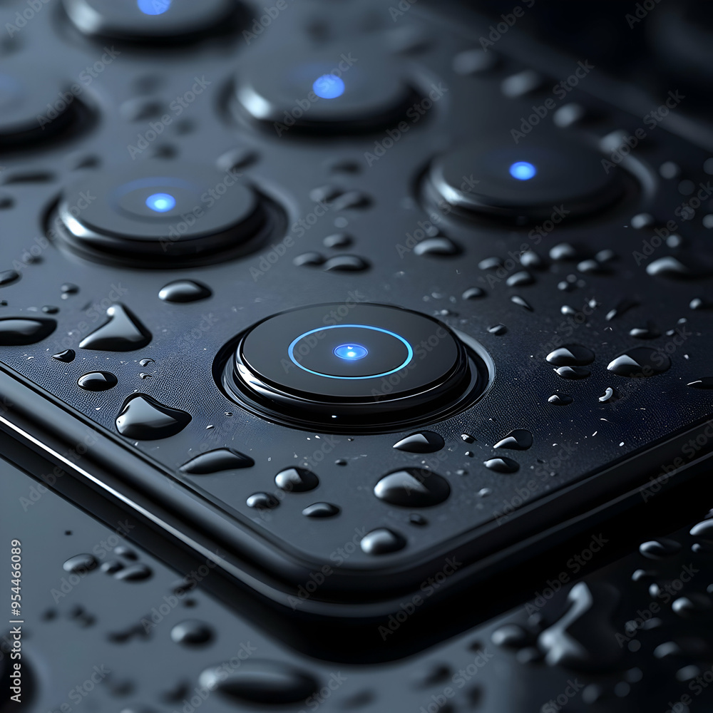 3D Render of a Blue Light Button with Water Drops 3D Render of a Blue Light Button with Water Drops