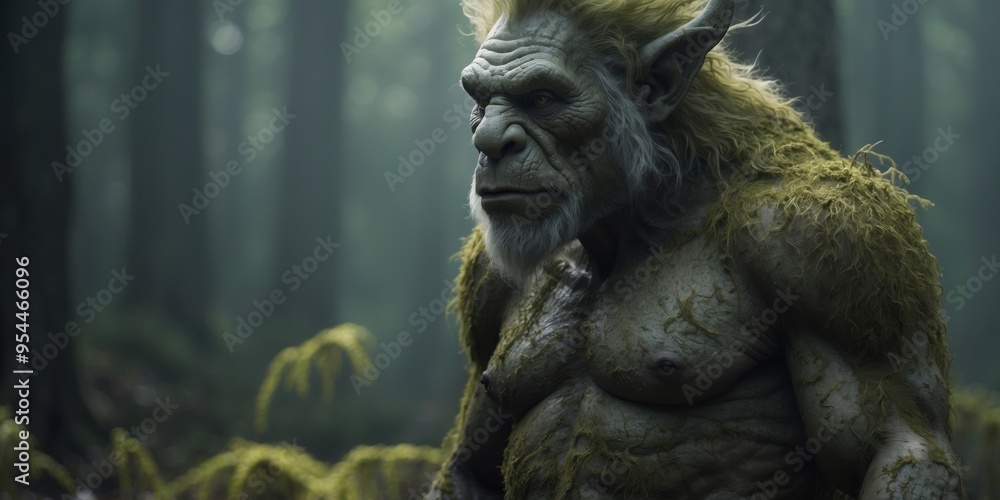 In a misty forest clearing, a majestic bioluminescent troll stands tall, its glowing fungus-covered skin casting an ethereal glow. In a misty forest clearing, a majestic bioluminescent troll stands tall, its glowing fungus-covered skin casting an ethereal glow.
