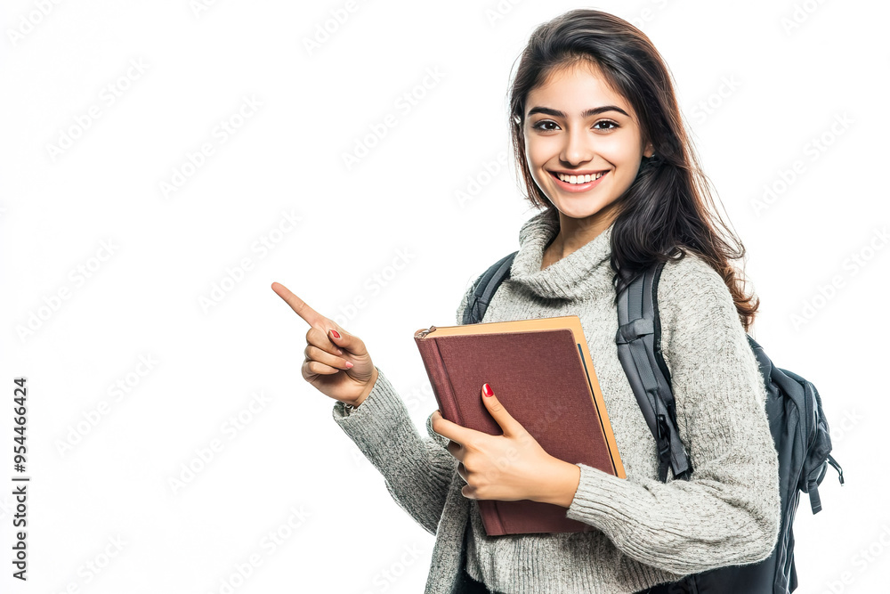 Smiling young female student pointing at something, isolated on white background. Smiling young female student pointing at something, isolated on white background.
