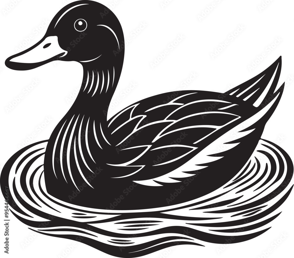 A black and white vector illustration of a duck, showcasing its distinct features and elegant form in a minimalist style A black and white vector illustration of a duck, showcasing its distinct features and elegant form in a minimalist style