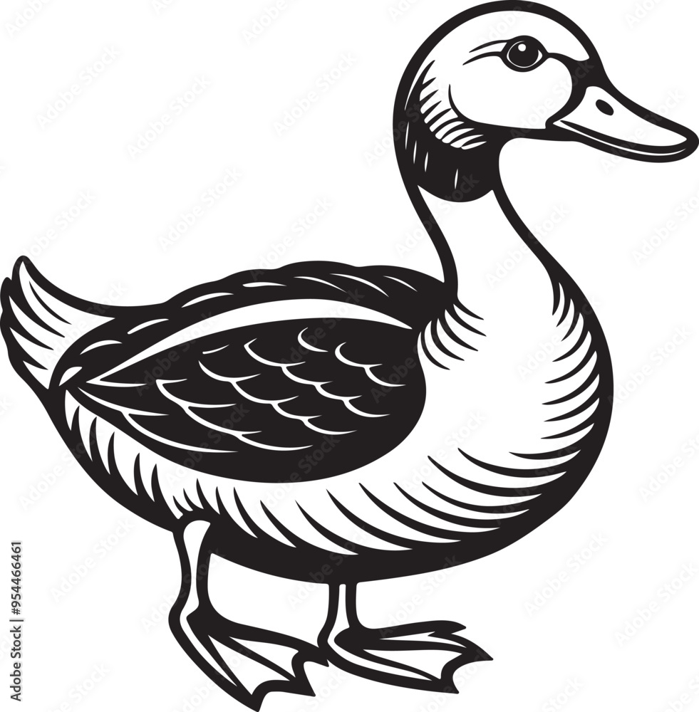 Fototapeta premium A black and white vector illustration of a duck, showcasing its distinct features and elegant form in a minimalist style