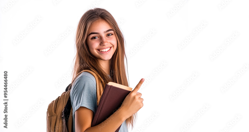 Smiling young female student pointing at something, isolated on white background. Smiling young female student pointing at something, isolated on white background.