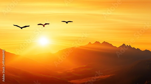 Majestic Sunrise Over Peaceful Valley: Serene Landscape with Birds Flying in Golden Light - Copy Space Available