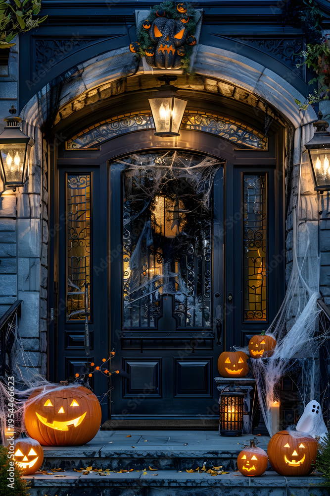 Obraz premium ハロウィンの玄関デコレーション。飾り付けられたエントランスとランタンの光
