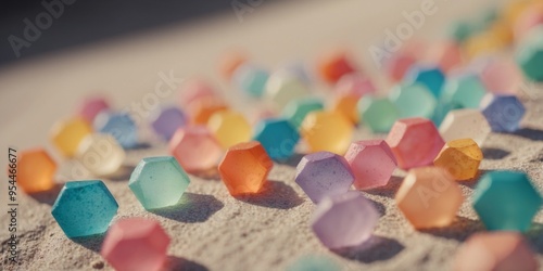 Pastel-colored geometric shapes under soft sunlight. photo