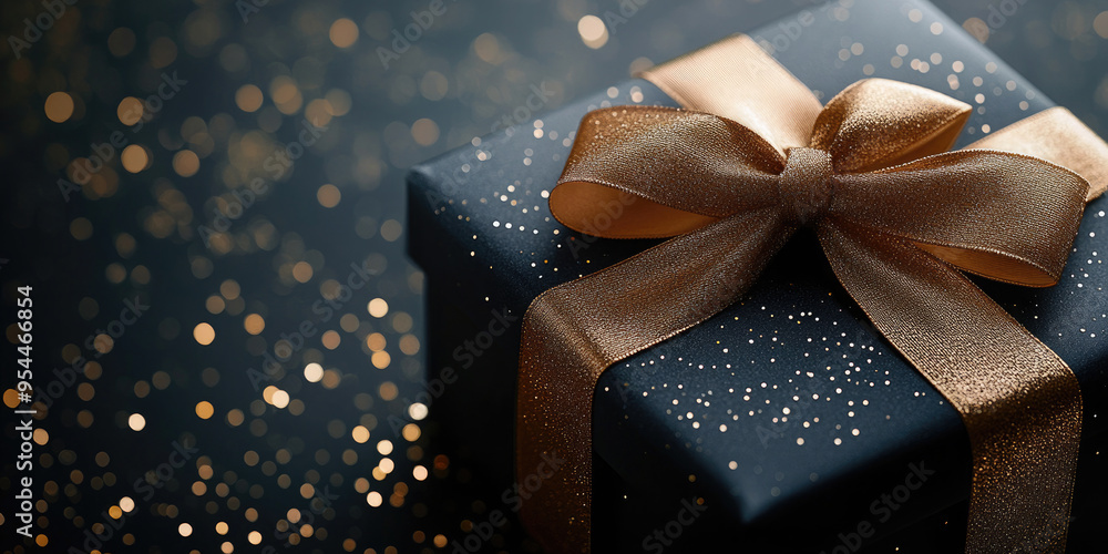 Black gift box with a gold bow and ribbon on a black background, concept of the holiday Black Friday. Online shopping, Copy space, mock up Black gift box with a gold bow and ribbon on a black background, concept of the holiday Black Friday. Online shopping, Copy space, mock up