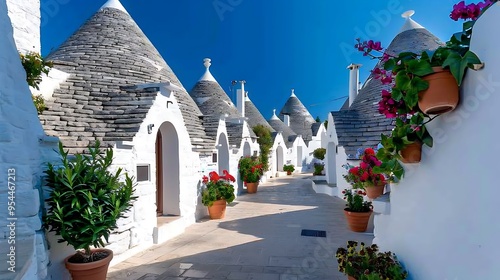 Traditional Trulli houses in Alberobello, Italy, characterized by their unique conical roofs and centuries-old charm, 