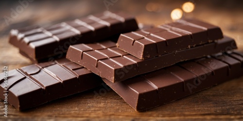 Stack of gourmet dark chocolate bars on a rustic table. photo