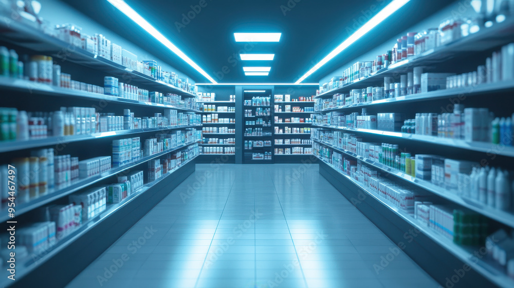 Fototapeta premium Ultra-detailed image of a retail pharmacy aisle, with rows of health products perfectly