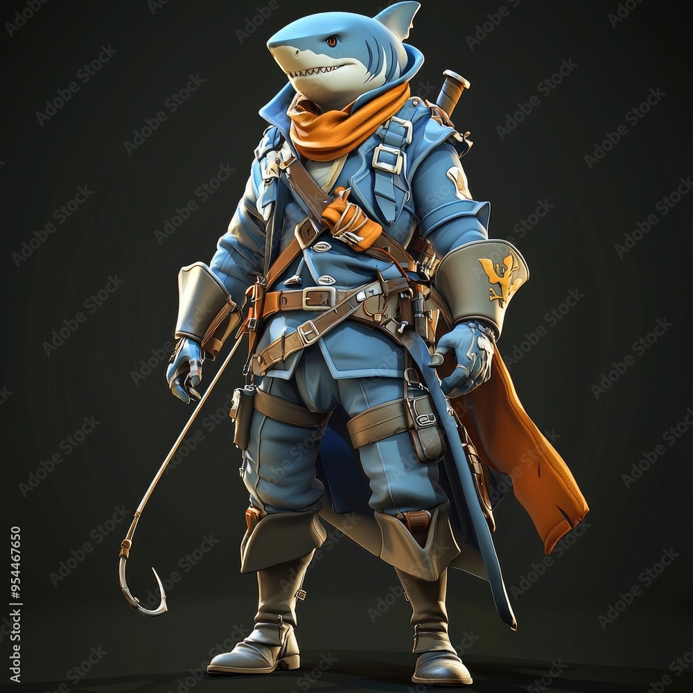 Fototapeta premium Anthropomorphic Shark Character in a Blue Outfit