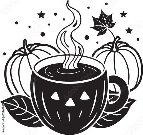 Halloween-themed vector art depicting a cup of coffee alongside whimsical pumpkins and cheerful ghosts