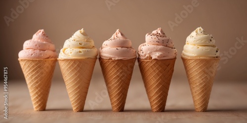 Assorted ice cream cones on beige background. photo